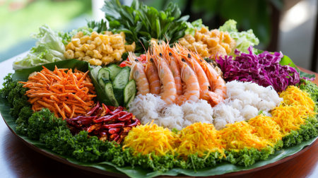 A stunning seafood platter showcasing fresh shrimp, vibrant vegetables, and beautifully arranged rice. Perfect for gourmet dining and festive occasions, this dish celebrates color and flavor.の素材