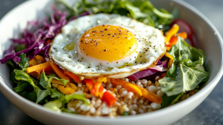 A vibrant salad bowl featuring fresh greens, colorful sautの素材