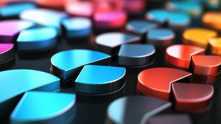 A vibrant collection of 3D pie chart segments resting on a glossy surface, showcasing a modern approach to data visualization and analysis in business contexts.の素材