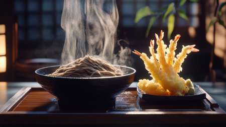 A steaming bowl of noodles paired with crispy shrimp tempura served on a wooden tray, capturing the essence of authentic Japanese dining in a warm atmosphere.の素材
