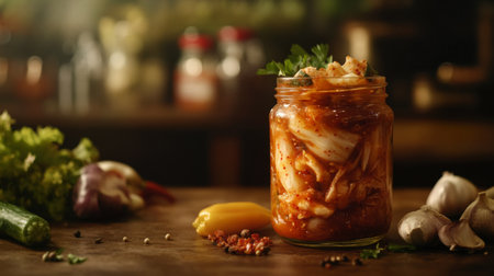 A beautifully arranged jar of homemade kimchi sits on a rustic kitchen counter, surrounded by fresh vegetables and spices, showcasing vibrant flavors and traditional food preparation methods.の素材