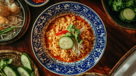 A vibrant bowl of spicy Asian noodles garnished with fresh vegetables like cucumber and herbs, beautifully presented on a rustic wooden table with accompaniments.の素材