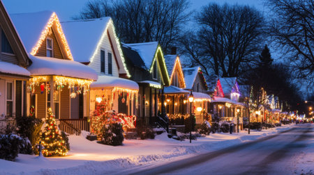 Experience the enchanting beauty of a winter night with snow-covered homes adorned in dazzling Christmas lights, creating a warm and inviting ambiance in a tranquil neighborhood.の素材