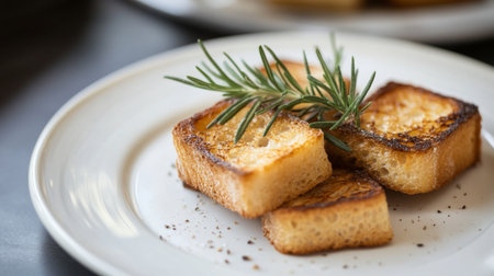 A close-up view of toasted bread slices presented on a white plate, elegantly garnished with fresh rosemary, ideal for culinary artwork or culinary blogs.の素材