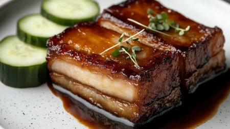Indulge in the rich flavors of glazed pork belly elegantly plated with fresh cucumbers and decorative herbs, perfect for food enthusiasts and culinary experts.の素材