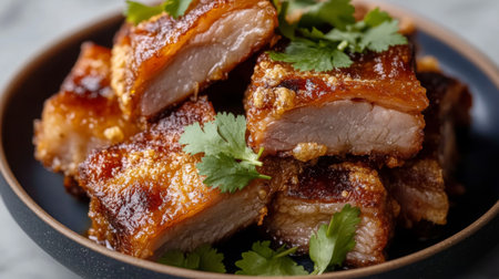 Indulge in this beautifully presented crispy pork belly, garnished with vibrant cilantro, capturing the essence of delicious culinary artistry in every savory bite.の素材