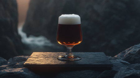 A beautifully crafted glass filled with dark beer and a thick foam top, set on a natural stone surface, surrounded by dramatic rock and water scenery. An inviting sight for beverage enthusiasts.の素材