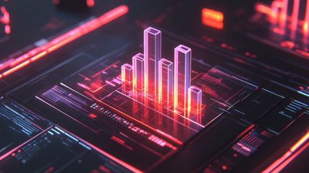 Explore a stunning digital visualization featuring a 3D bar graph in vivid neon colors, set against an intricate futuristic background reflecting advanced data analysis concepts.の素材