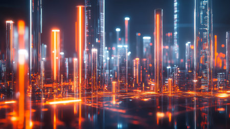 Experience a vibrant futuristic cityscape showcasing glowing skyscrapers and immersive neon lights, creating a captivating modern urban environment at night.の素材