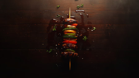 Fresh and vibrant skewered vegetables and meat arranged beautifully on a wooden surface, ready for grilling with herbs and spices enhancing the flavor. Ideal for culinary shots.の素材