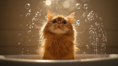 A fluffy orange cat enjoys a bubbly bath, radiating curiosity and joy. The soft light highlights its features, creating a charming and playful atmosphere.の素材