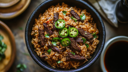 A close-up view of a delicious beef stir-fry served over fragrant rice and topped with fresh herbs and sliced green peppers in a rustic bowl, perfect for a comforting meal.の素材