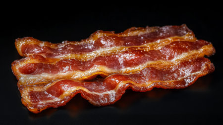 Enjoy the sight of perfectly cooked bacon strips, showcasing a rich, crispy texture. Ideal for food blogs, recipes, and culinary projects that highlight savory flavors.の素材