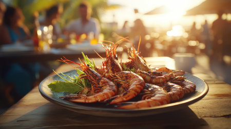 A beautifully arranged plate of grilled shrimp sits on a wooden table, showcasing fresh seafood against a stunning sunset background, ideal for food lovers and culinary enthusiasts.の素材