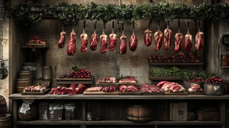 A captivating rustic meat market scene showcasing a variety of fresh meat cuts hanging elegantly from hooks, paired with vibrant vegetables and herbs on a wooden table.の素材