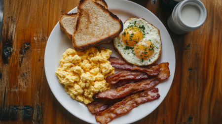 A mouthwatering breakfast plate featuring scrambled eggs, crispy bacon, toasted bread, and sunny-side up eggs beautifully arranged on a wooden table.の素材