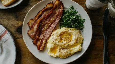 A beautifully arranged breakfast plate with crispy bacon, fresh greens, and creamy mashed potatoes topped with butter, perfect for a satisfying morning start.の素材