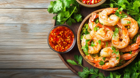 A vibrant display of freshly cooked shrimp garnished with herbs and spices, served alongside a flavorful dipping sauce, perfect for any culinary occasion.の素材