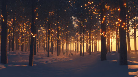 A picturesque winter forest scene featuring a serene pathway illuminated by twinkling lights, surrounded by majestic trees, casting a magical glow during the golden hour.の素材