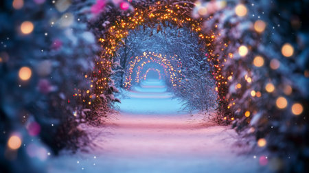 A picturesque winter pathway, adorned with delicate fairy lights, leads through a peaceful snow-covered forest, creating a magical atmosphere ideal for holiday celebrations and moments of reflection.の素材