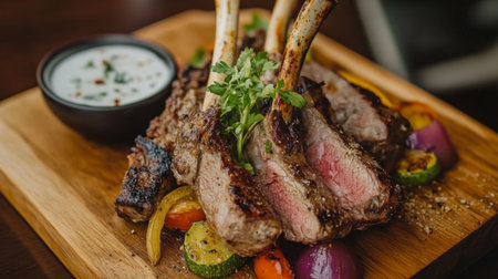 Indulge in these succulent grilled lamb chops served with fresh vegetables and a flavorful herb sauce, ideal for gourmet meals and culinary enthusiasts.の素材