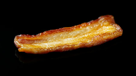 A single golden bacon strip displaying a crunchy texture against a black background, perfect for showcasing the deliciousness of breakfast or gourmet dishes.の素材