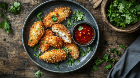 Indulge in these crispy fried appetizers garnished with fresh herbs, served alongside a spicy dipping sauce, perfect for sharing and elevating any culinary experience.の素材