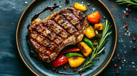 A beautifully prepared grilled steak accompanied by vibrant vegetables and fresh herbs, ideal for showcasing culinary creativity and gourmet dining experiences.の素材