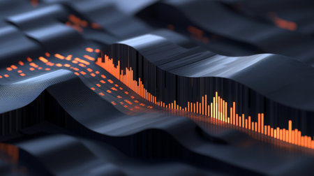 This abstract image features flowing data waves highlighted with bright orange tones, symbolizing sound frequencies and digital audio signals in a modern artistic style.の素材