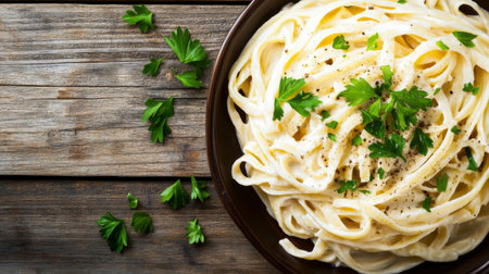 Discover a mouth-watering fettuccine Alfredo topped with fresh parsley, presented beautifully on a rustic wooden table, perfect for any food-related project or culinary inspiration.の素材