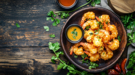 Indulge in a tempting shrimp platter with a crispy coating, accompanied by dipping sauce and fresh herbs, perfect for a delightful meal or appetizer.の素材