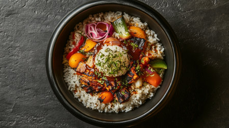 This enticing dish showcases grilled chicken served over fluffy rice, surrounded by vibrant vegetables and garnished with herbs, ideal for any meal.の素材