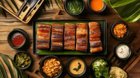 Indulge in a beautifully arranged grilled fish platter featuring flavorful dips and fresh ingredients, perfect for showcasing culinary artistry and vibrant dining experiences.の素材