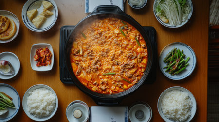 A vibrant Korean hot pot dish with fresh ingredients is placed on a wooden table, surrounded by rice, vegetables, and side dishes, creating a cozy and inviting dining atmosphere.の素材