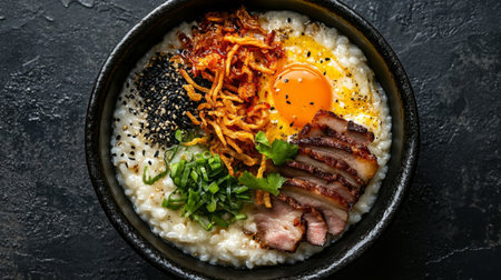 A delicious gourmet rice bowl featuring tender pork, a vibrant egg yolk, crispy onions, and black sesame. Perfect for showcasing comfort food in culinary photography.の素材