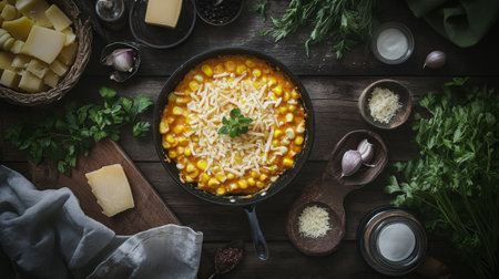 A vibrant creamy corn and cheese dish displayed in a rustic kitchen setting, surrounded by fresh herbs and ingredients, perfect for a cozy meal or culinary inspiration.の素材