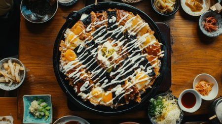Overhead view of a beautifully arranged okonomiyaki dish topped with sauces and eggs, surrounded by various side dishes, evoking a rich culinary experience.の素材