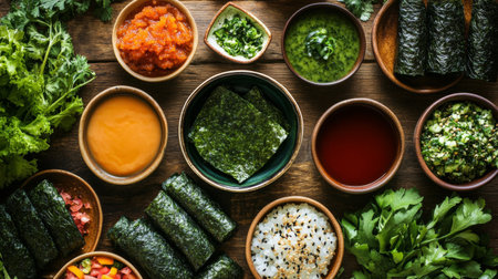 A vibrant assortment of sushi ingredients displayed on a wooden table, featuring fresh greens, various sauces, and seaweed, perfect for culinary enthusiasts and healthy recipes.の素材
