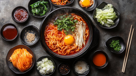 A vibrant display of spicy noodle soup featuring fresh vegetables, an egg, and rich broth, perfectly arranged in black bowls for an appetizing food presentation.の素材