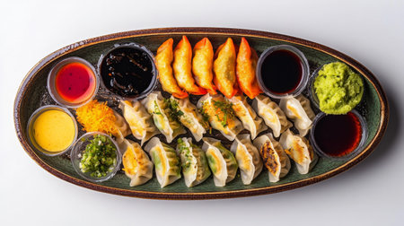 A visually appealing platter featuring various dumplings, complemented by colorful dipping sauces and a spicy green condiment, perfect for sharing and enjoying.の素材