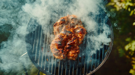 Savor the sight of juicy chicken thighs grilling to perfection on a charcoal BBQ, releasing aromatic smoke against a vibrant green backdrop, perfect for summer meals.の素材