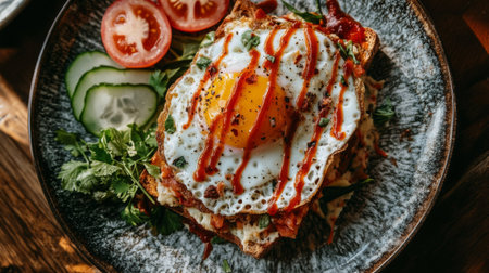 A visually appealing breakfast featuring crispy toast topped with a perfectly fried egg, fresh vegetables, and flavorful sauce, ideal for food lovers and photography enthusiasts.の素材