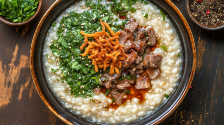 A comforting bowl of congee adorned with tender beef, fresh herbs, and crispy fried onions, perfect for a satisfying meal or breakfast option, showcasing rich flavors and textures.の素材