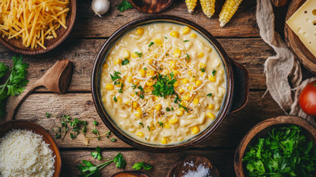 A delicious creamy corn soup topped with cheese and fresh herbs, beautifully arranged with ingredients on a rustic wooden table, perfect for warm gatherings.の素材