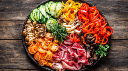 A vibrant display of fresh vegetables and meats on a rustic wooden table, ideal for inspiring healthy eating and culinary creativity. Perfect for food lovers and chefs.の素材