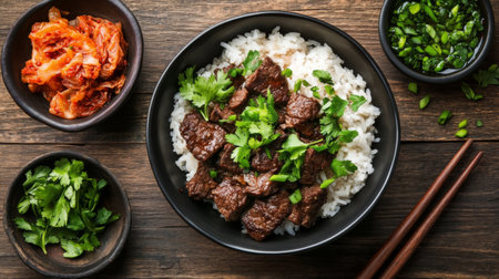 A visually appealing bowl of tender beef served over steamed rice, garnished with fresh herbs and accompanied by kimchi and green onions, perfect for a savory meal.の素材