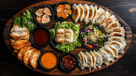 A stunning arrangement of dumplings and appetizers showcasing the richness of Asian flavors and textures, perfect for sharing at a gathering or enjoying as a meal.の素材
