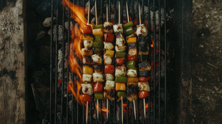 A vibrant display of grilled vegetable and cheese skewers sizzling on a barbecue, capturing the essence of summer gatherings and outdoor cooking enjoyment.の素材