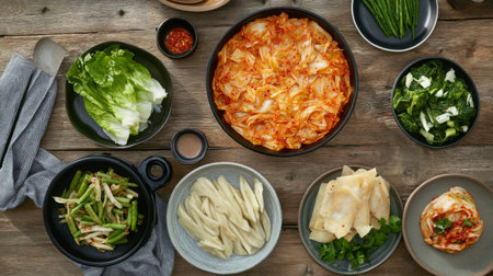 A vibrant spread of Korean cuisine includes kimchi, fresh greens, noodles, and various ingredients arranged on a rustic wooden table, showcasing a delightful culinary experience.の素材