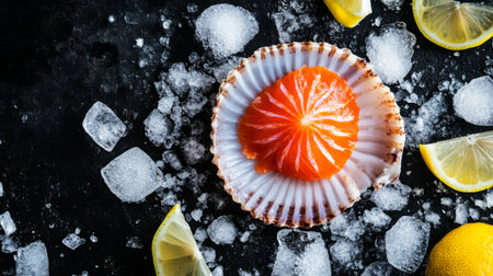 This captivating image showcases freshly sliced salmon resting in a beautiful shell, surrounded by ice and lemon slices, perfect for gourmet seafood presentations.の素材